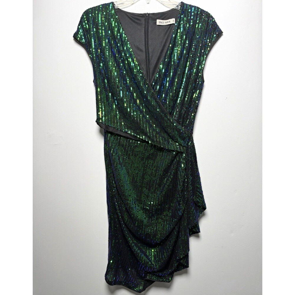 Grace Karin Women’s M Green Sequin Sheath Dress V-Neck Cap Sleeve Zip Lined